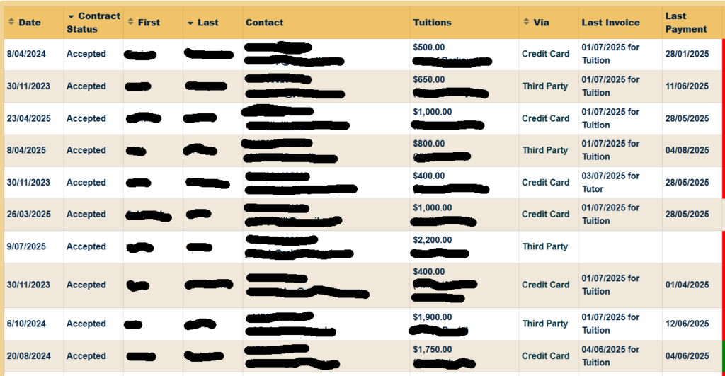 Tuition and invoice table powered by GFSearch to display Gravity Forms entries for student payments