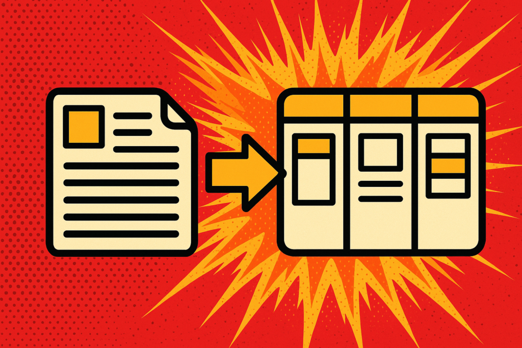Pop art comic style illustration showing a Gravity Forms entry transforming into a Kanban board