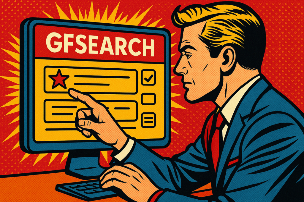 Retro-style illustration of a man customizing a Gravity Forms workflow inbox using GFSearch on a computer screen