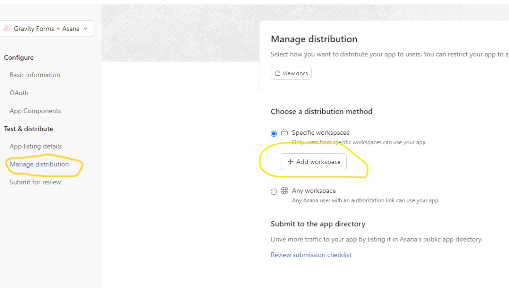 configuring workspaces for the asana app