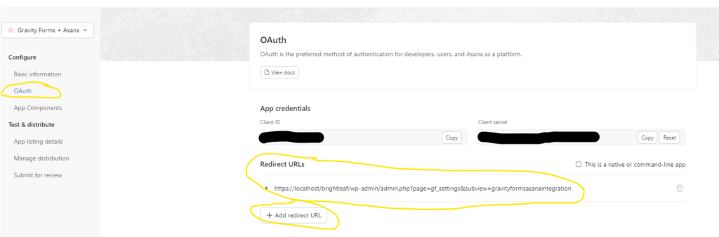 screenshot of configuring the redirect url